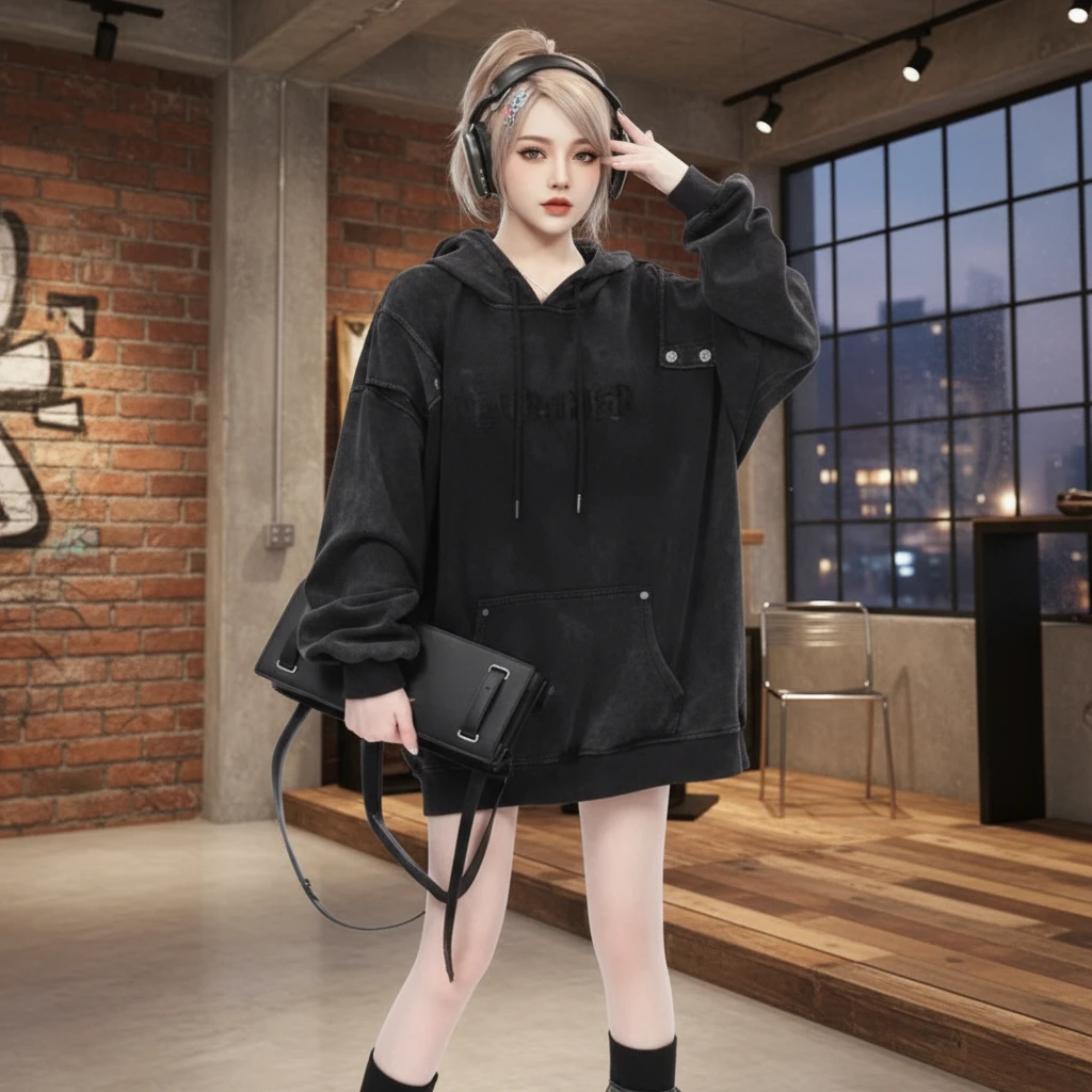 大码300斤美式高街做旧字母刺绣连帽卫衣男女2025款加绒情侣外套