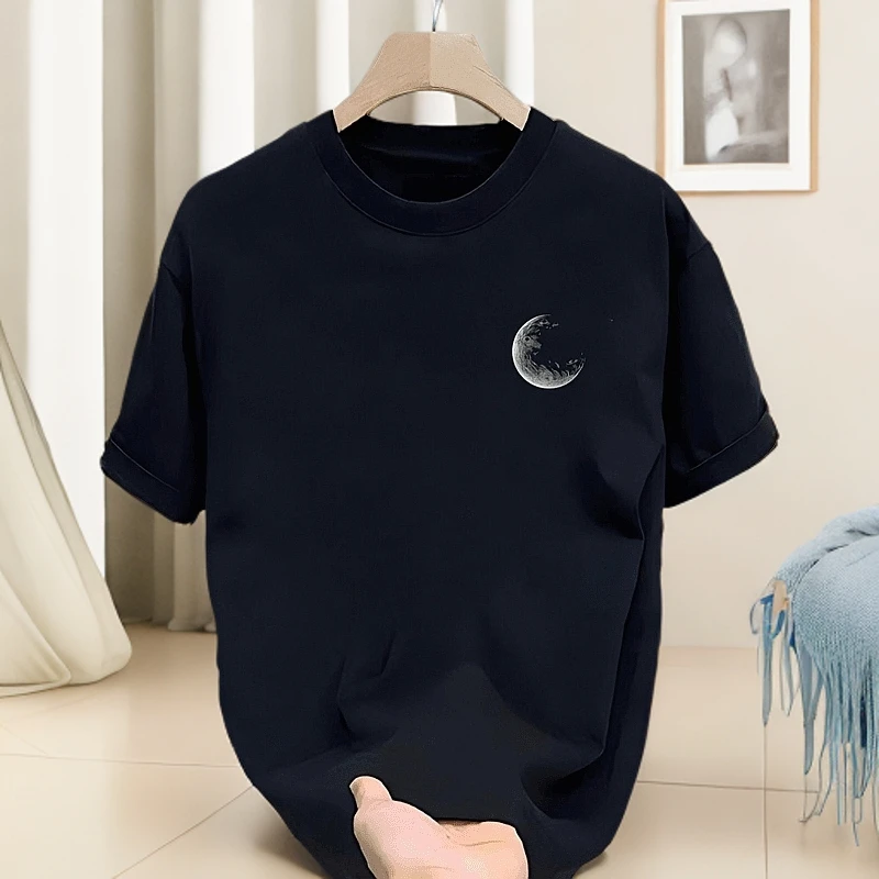 仓石一树潮牌月球印花短袖T恤男夏季欧若风黑色宽松时尚圆领百搭