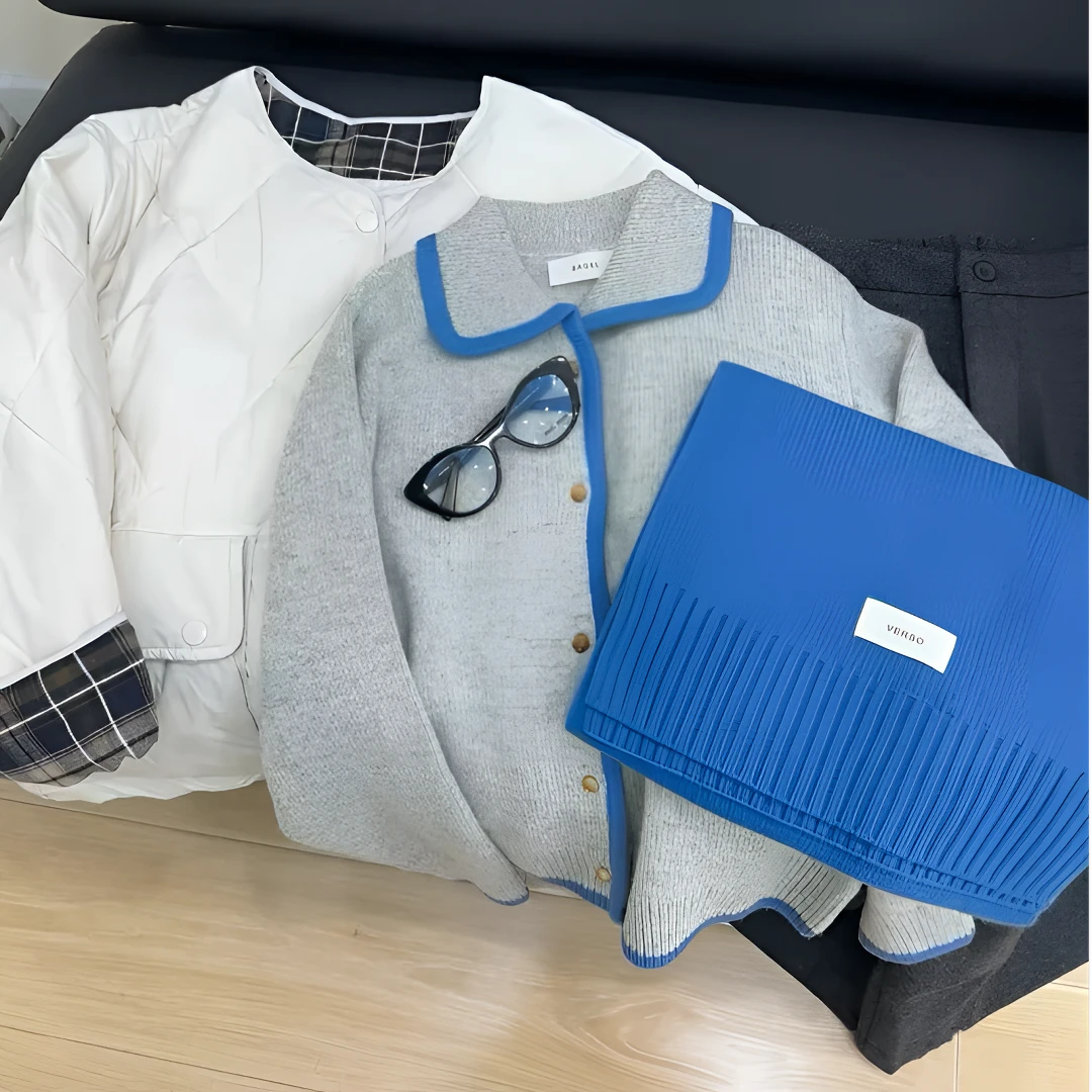 EGG鸡蛋家翻领撞色单排扣针织开衫百搭气质毛衣韩系网红秋冬韩版