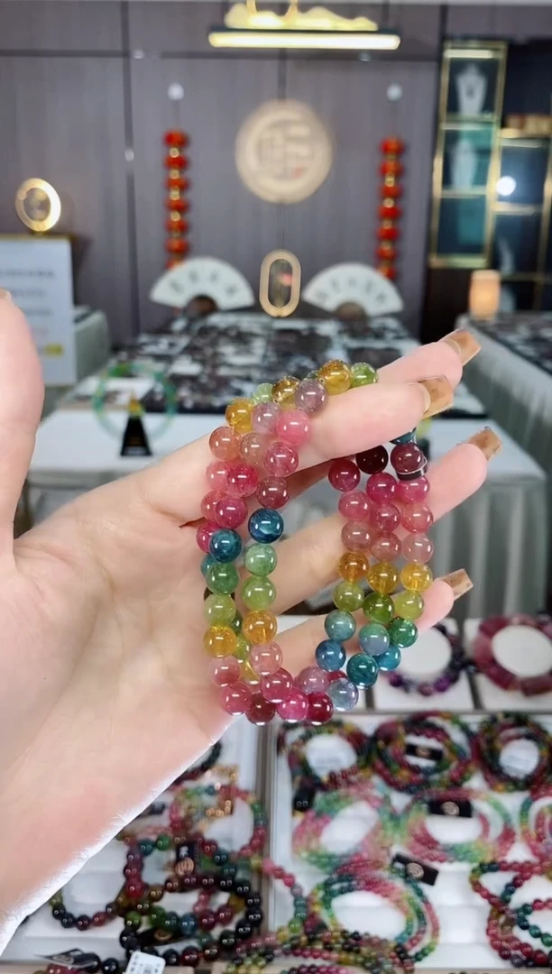 老矿碧玺色标彩虹冰体三圈手串7mm+未镶嵌碧玺dan多样性发货一条