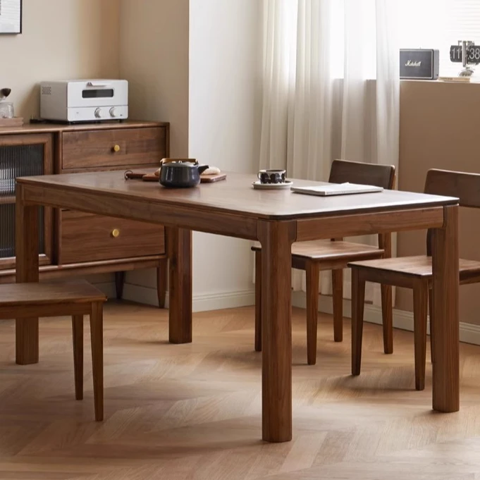 纯实木长方形家用餐桌北美黑胡桃木简约吃饭桌子餐厅原木大板桌椅