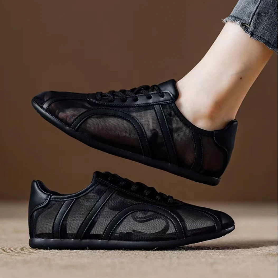 夏季薄款平底黑色运动休闲德训鞋子女通勤百搭软底轻便透气网纱鞋