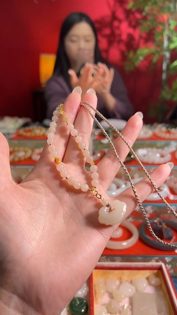 颈饰未镶嵌和田玉藕粉加厚吉祥如意搭藕粉半珠绳