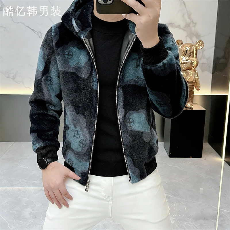 2025秋冬新款男士连帽外套仿貂绒皮毛一体加厚保暖男装大衣潮8883
