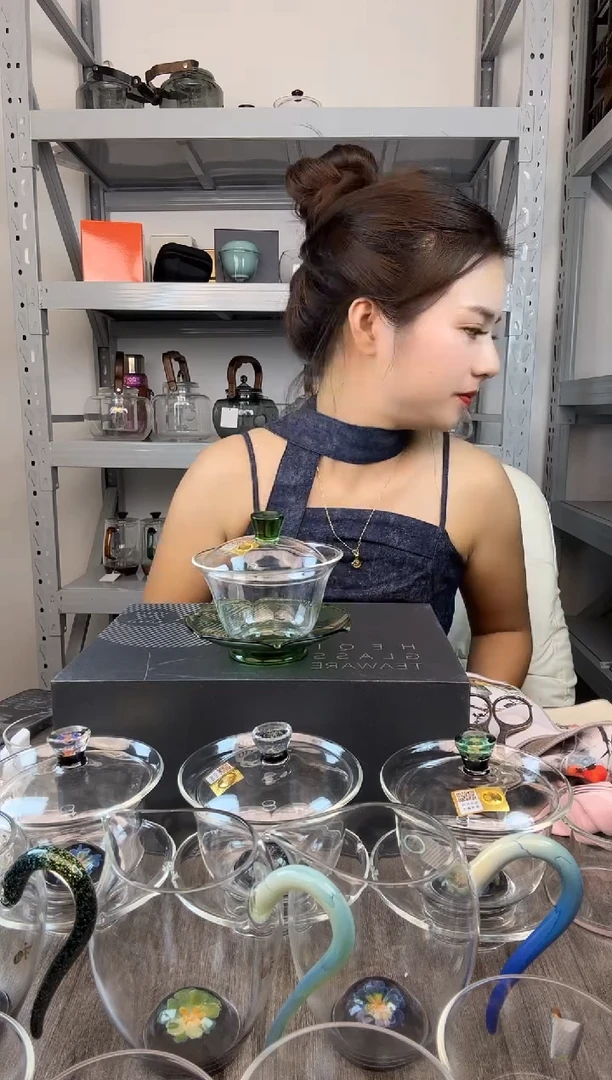 手工艺品玻璃禾器 荷叶盖碗 湖绿色