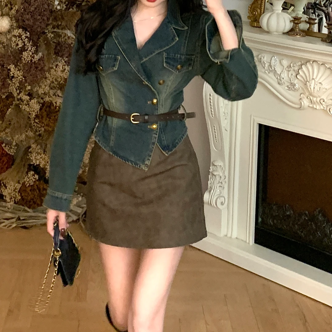 【JIAYI】复古港风翻领显瘦牛仔套装