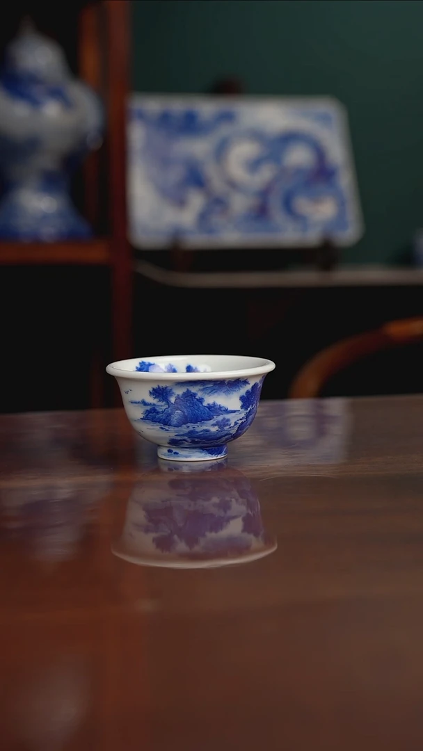 晓月柴窑 山水压手杯