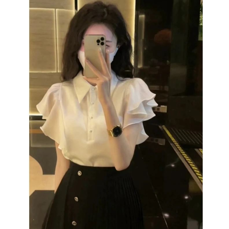 法式甜美气质飞飞袖衬衫女夏季新款时尚设计感白色衬衣上衣