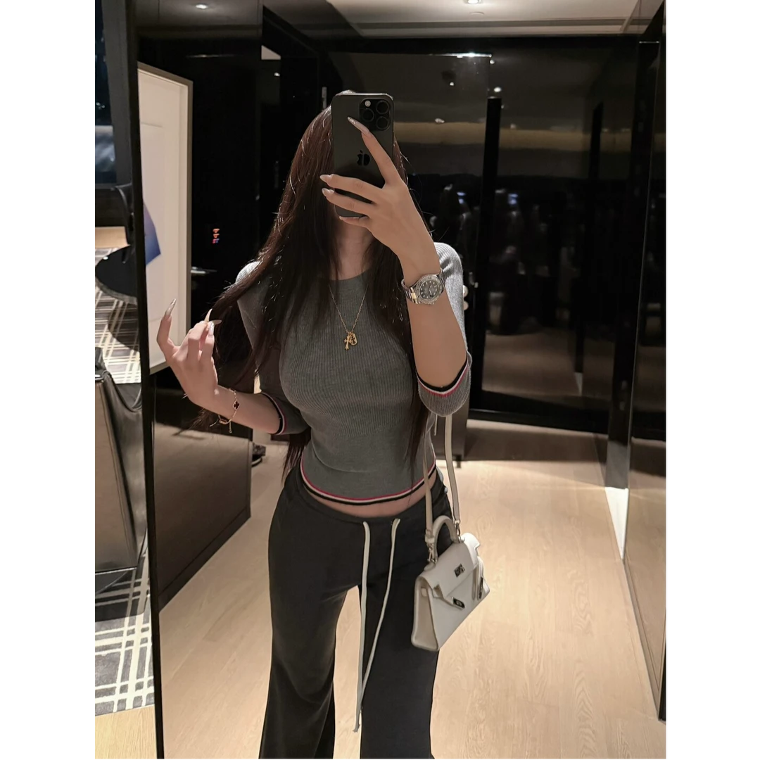 运补6米  撞色半袖圆领针织衫女修身显瘦百搭休闲内搭打底T恤上衣