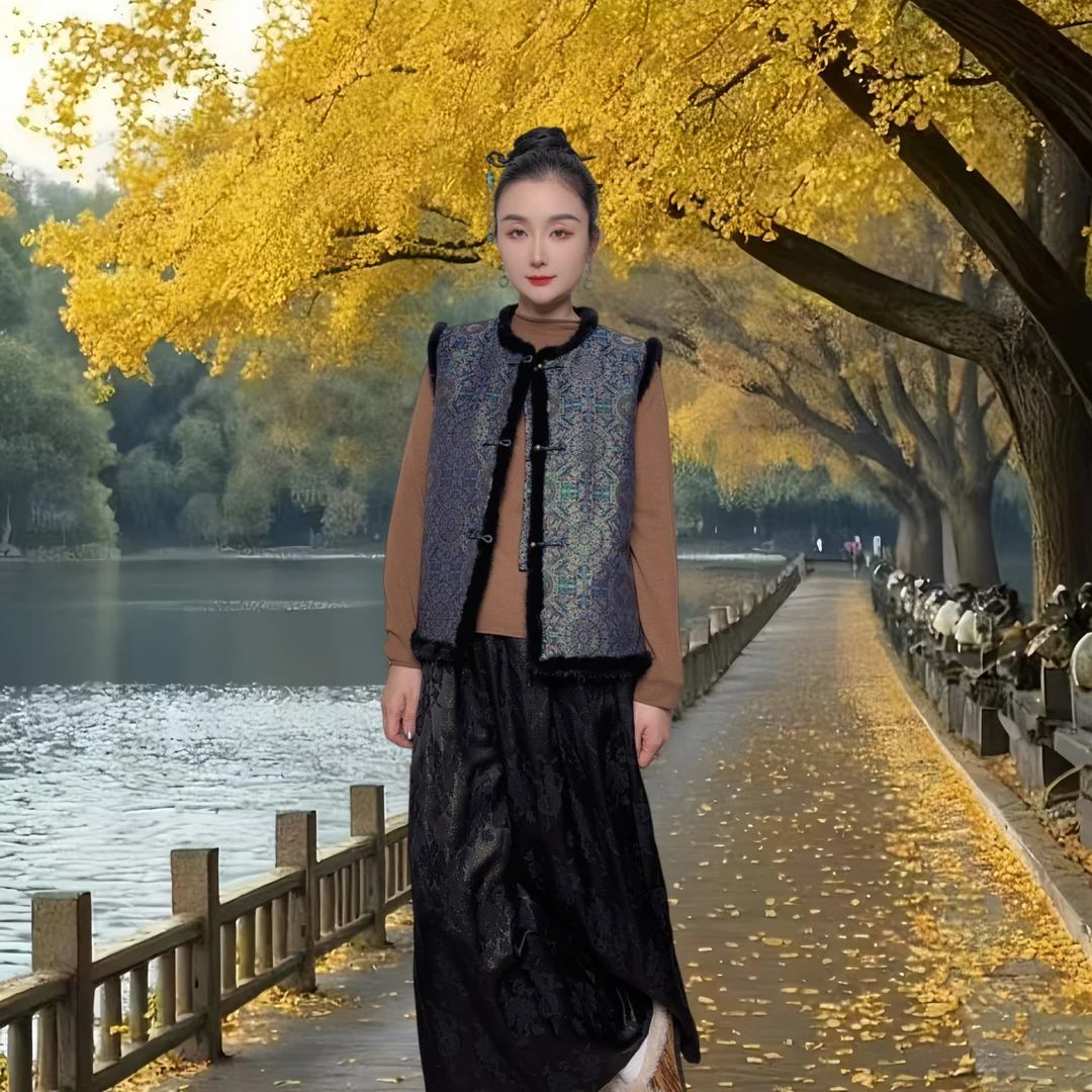 新中式国风盘扣真丝宋锦夹棉马甲女装2025秋冬新款高端水貂毛棉服