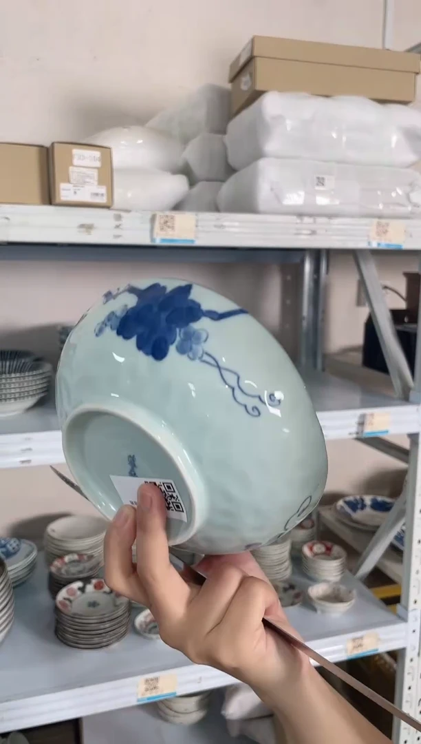 瓷片蓝染葡萄6.6英寸异形深碗 微瑕