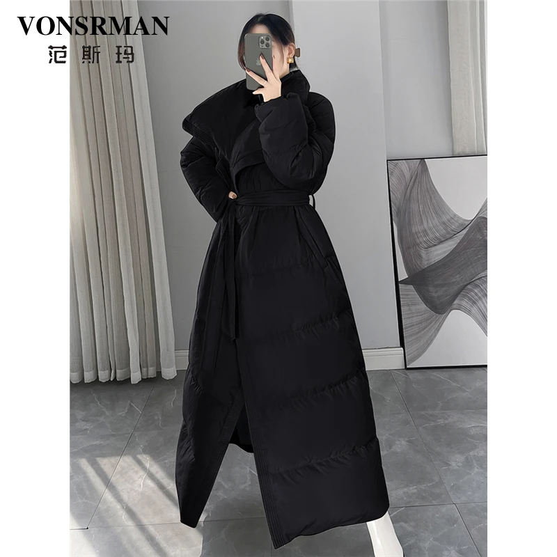 黑色大翻领白鸭绒羽绒服女2025年冬季新款加厚保暖超长款过膝外套