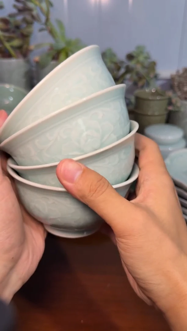 微瑕天青4.7牡丹碗4只