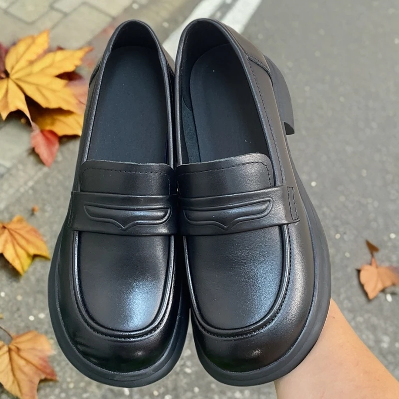 简约风头层牛皮真皮春秋春季厚底乐福鞋一脚蹬通勤软底舒适英伦风