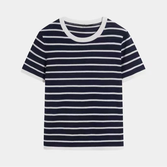 252069 常 Ty  2025春夏新品女装 羊毛混纺条纹圆领针织衫