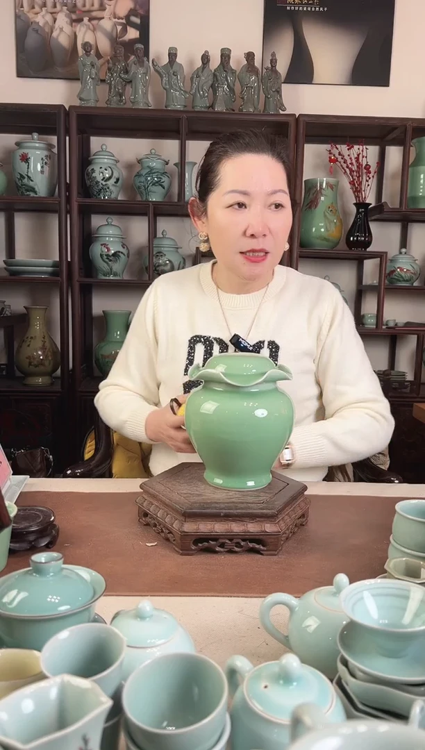 纯手工 梅青 小荷叶盖罐L