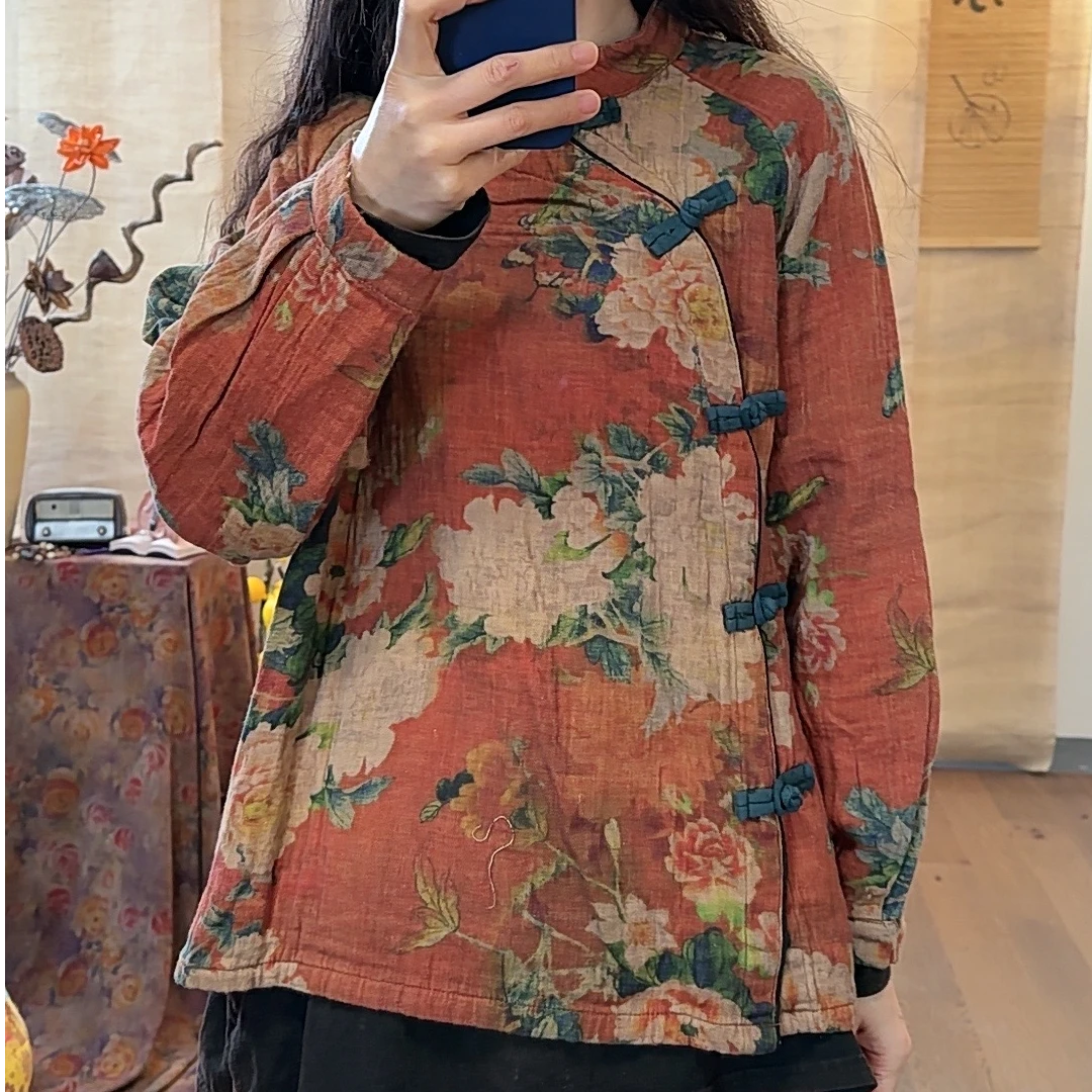 【麻黛儿】小碎花复古盘扣斜襟中式上衣（长68胸围136）
