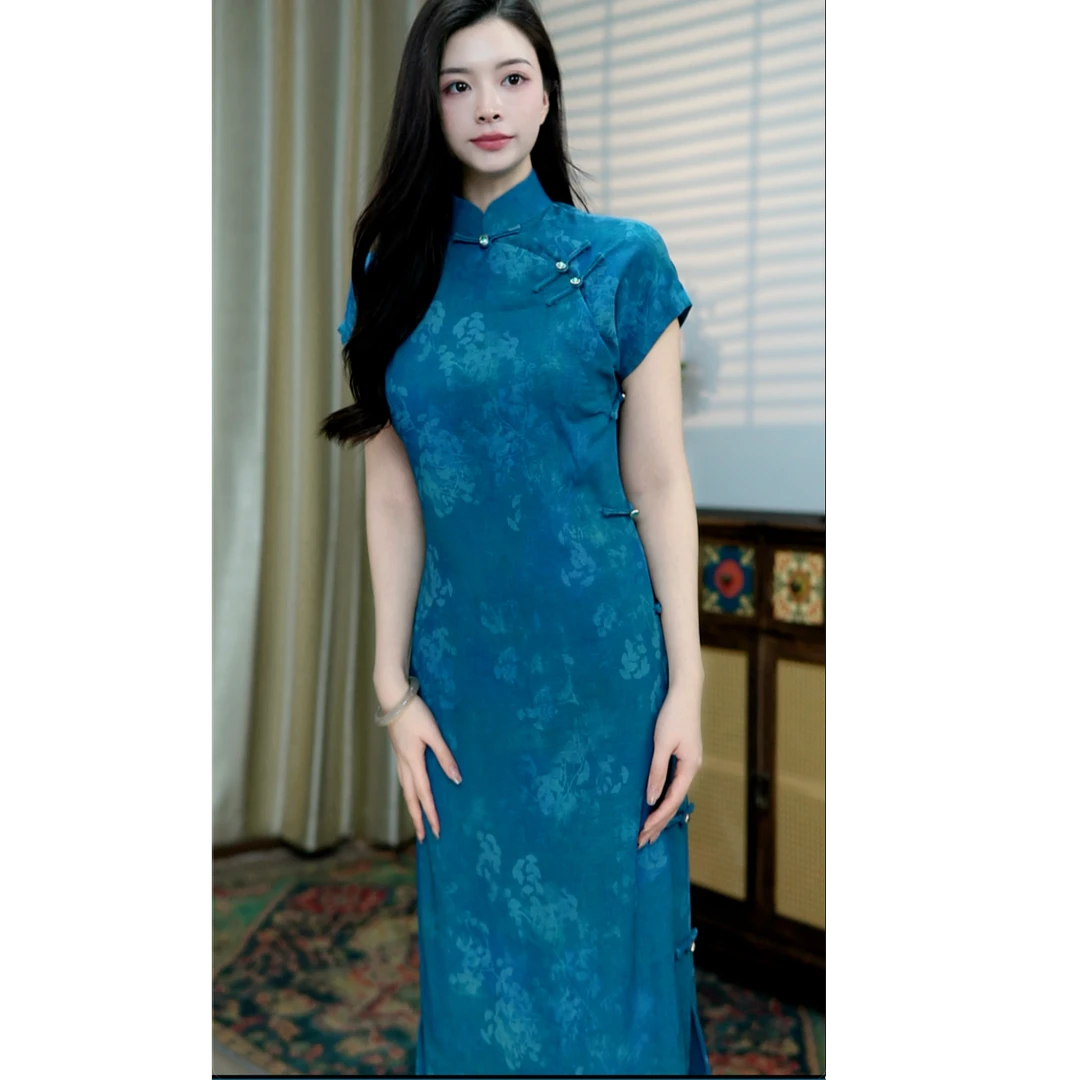锦笙 | 雾青125cm新中式改良全开手工款单层气质日常夏季年轻旗袍
