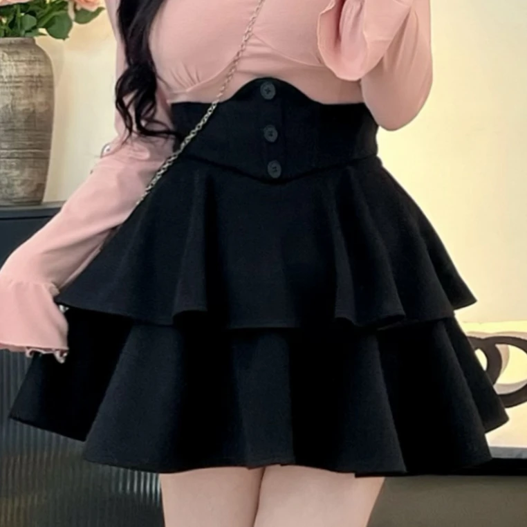 7657/7655气质百搭半身裙黑色显瘦高腰蛋糕裙