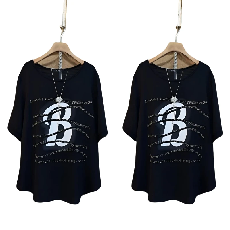 欧货时尚慵懒风休闲圆领字母减龄宽松大码字母大衫潮流夏季百搭