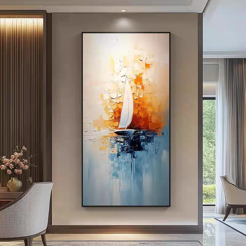 《橙帆破浪》一帆风顺原创客厅挂画抽象肌理感装饰画油画玄关壁画