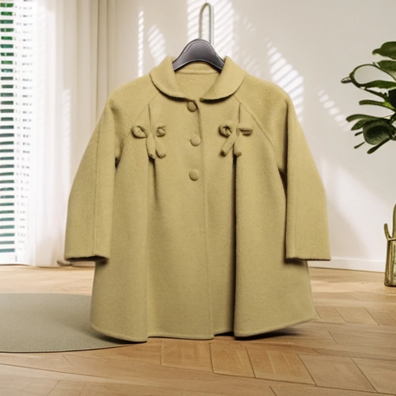 100%羊毛【现货】蝴蝶结双面绵羊毛大衣外套时尚加厚气质女童大衣