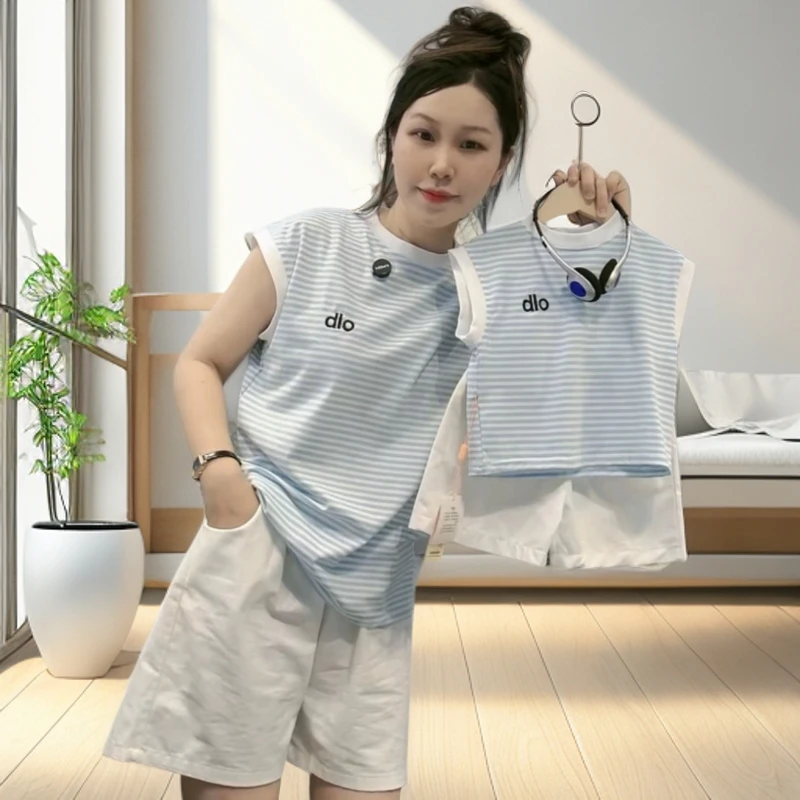 儿童夏季套装2025新款纯棉亲子条纹背心短裤男女宝韩版潮流童装