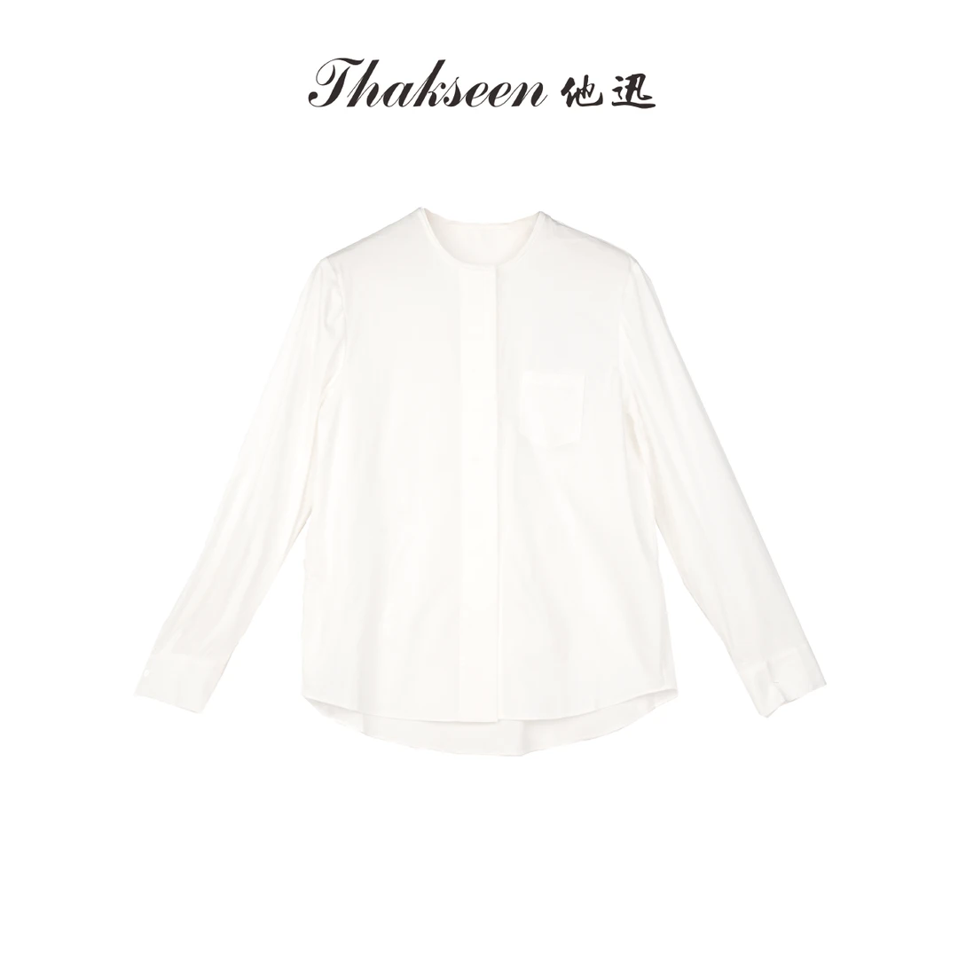 thakseen/他迅简约休闲百搭纯色修身小芽边圆领衬衫523291410138