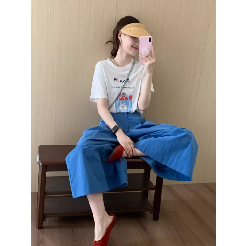 白色苹果印花慵懒风宽松正肩短袖t恤女2025新款夏季chic韩系套装