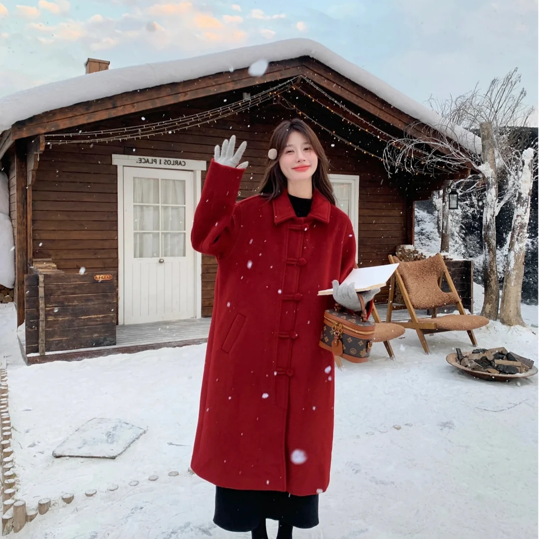 红色高端毛呢羽绒服内胆女款大衣冬季韩系中长款加绒加厚毛呢外套