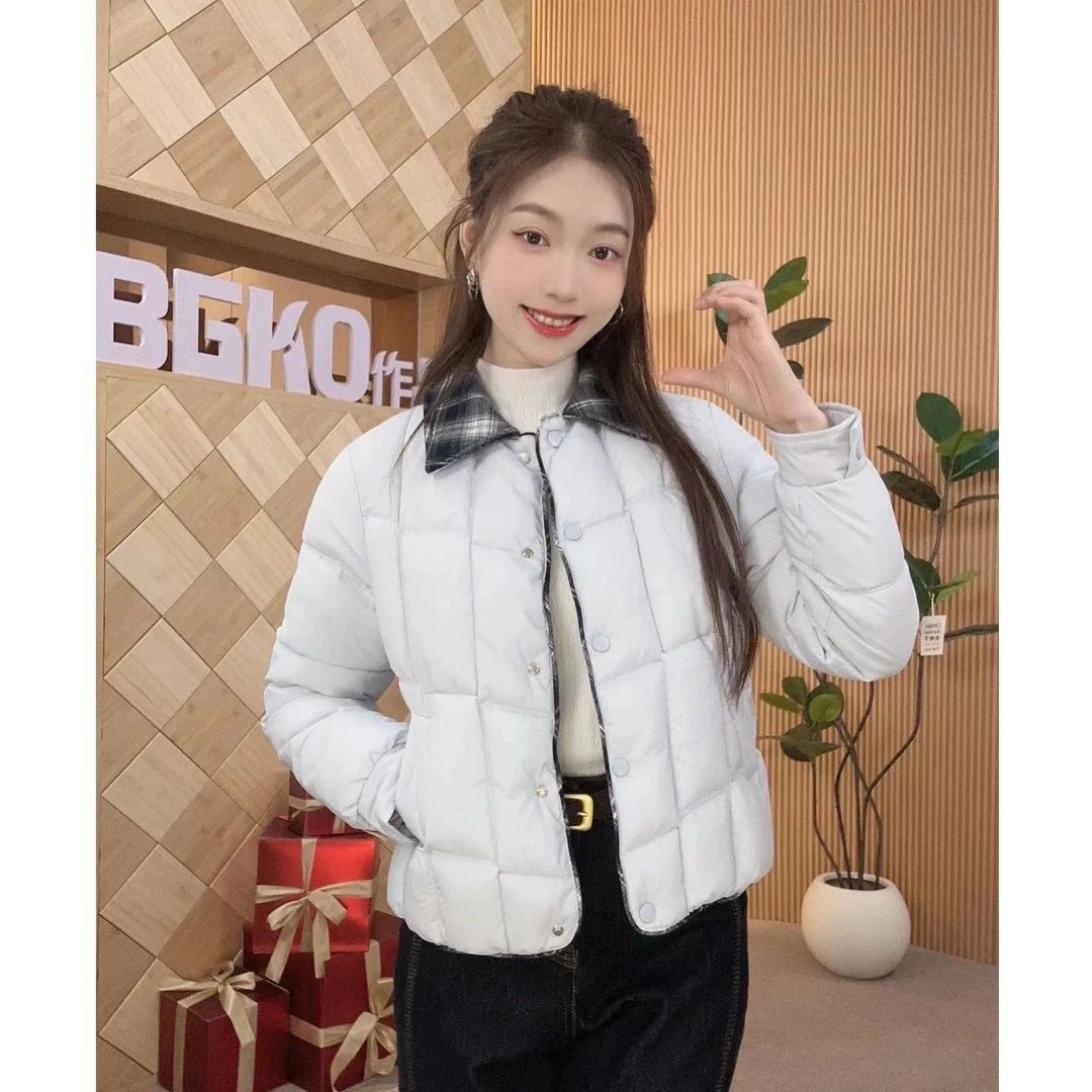 碧高小个子女装  2025冬季新款韩版格子领拼接轻薄棉服外套