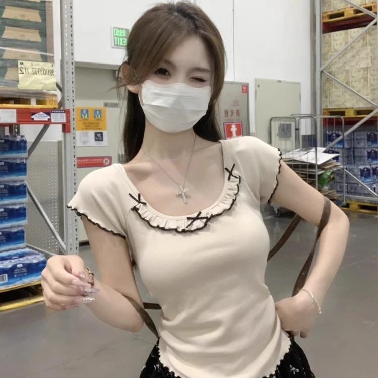 甜美风蝴蝶结短袖t恤女夏正肩修身木耳边设计感小众辣妹短款上衣