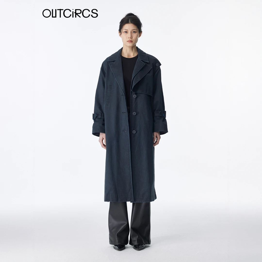 OUTCiRCS做旧水洗造型领廓形收腰风衣2025秋冬新款简约休闲