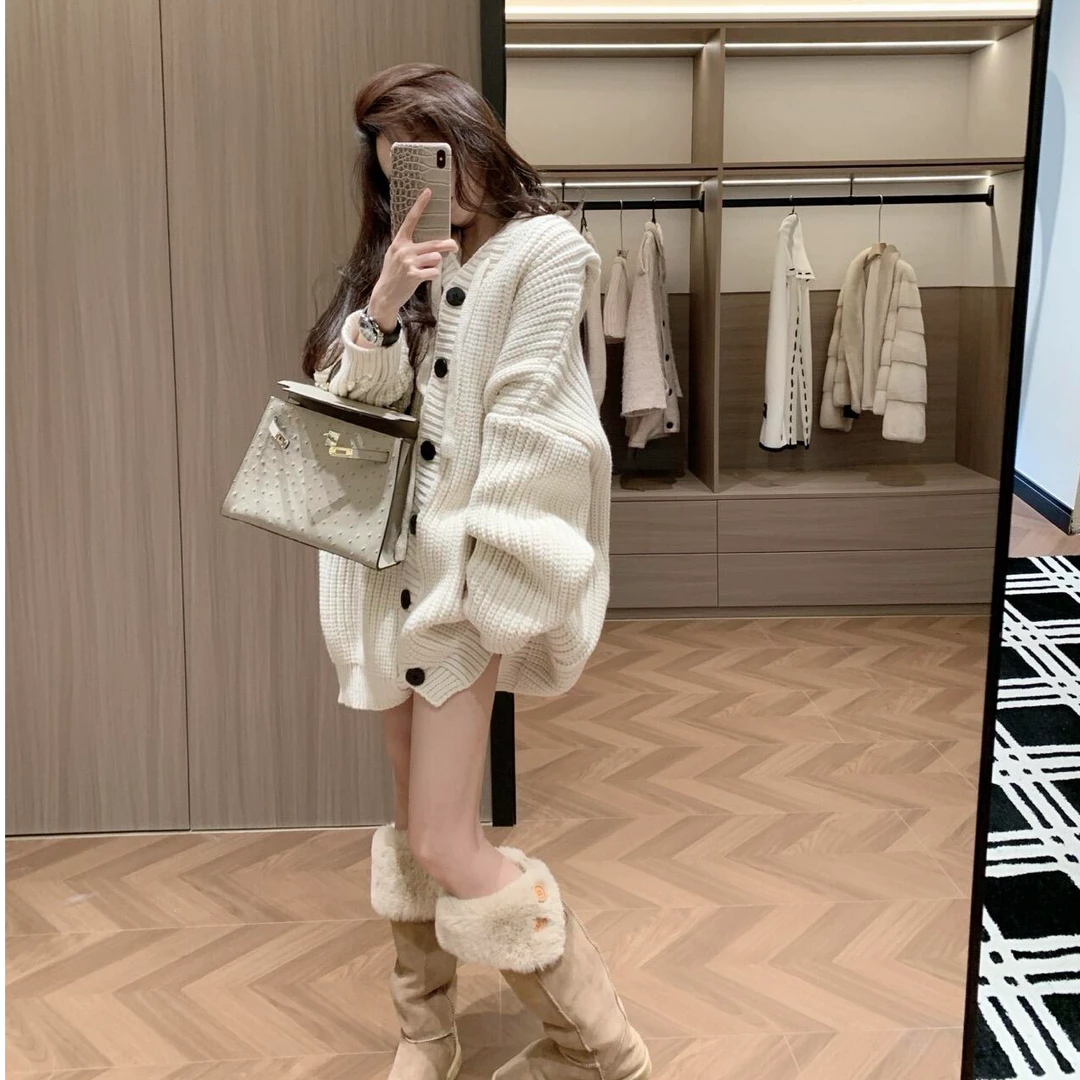 百搭连帽长袖针织开衫上衣洋气休闲气质显瘦慵懒风针织外穿长款女