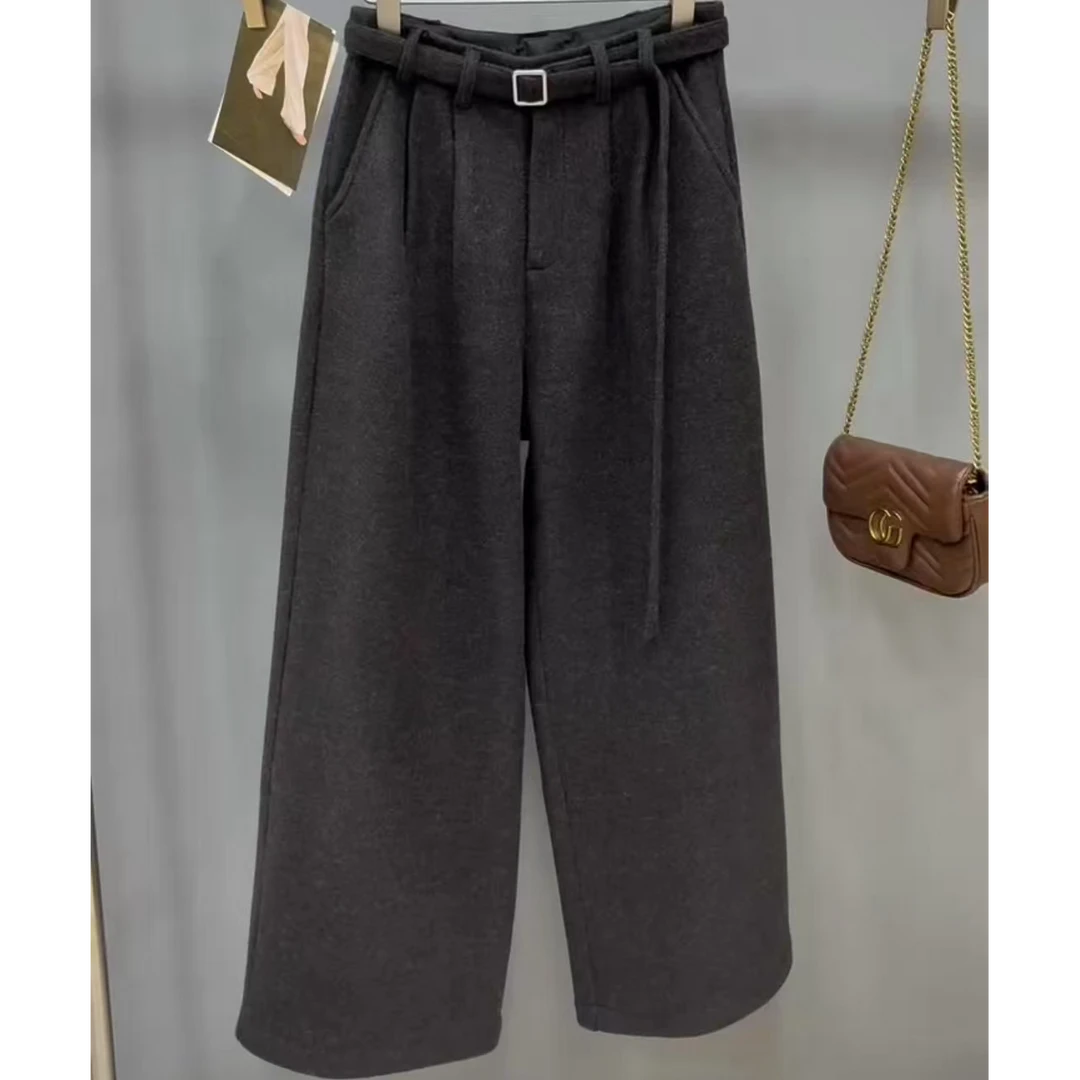 24693【裤长98】秋冬季垂感百搭磨毛加厚休闲裤女高腰显瘦阔腿裤潮