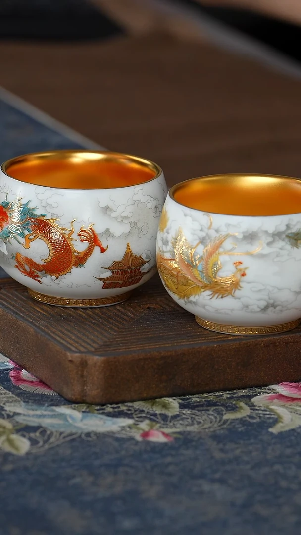 【闪购商品】【鎏金金丝龙凤对杯】【绿流苏对杯礼盒】