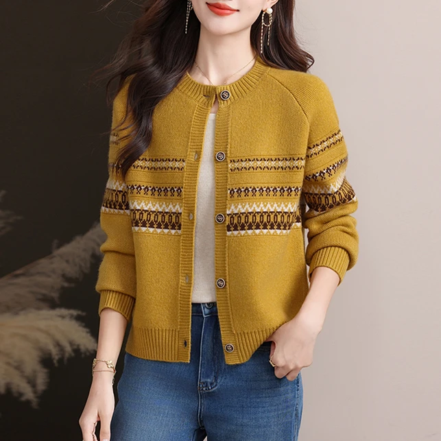 秋冬加厚羊毛开衫圆领百搭保暖宽松外套时尚洋气毛衣女中年妈妈装