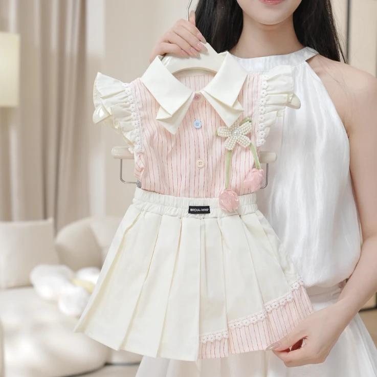 【现货】2025夏季女童高级粉色郁金香上衣短裤学院风套装SA3130