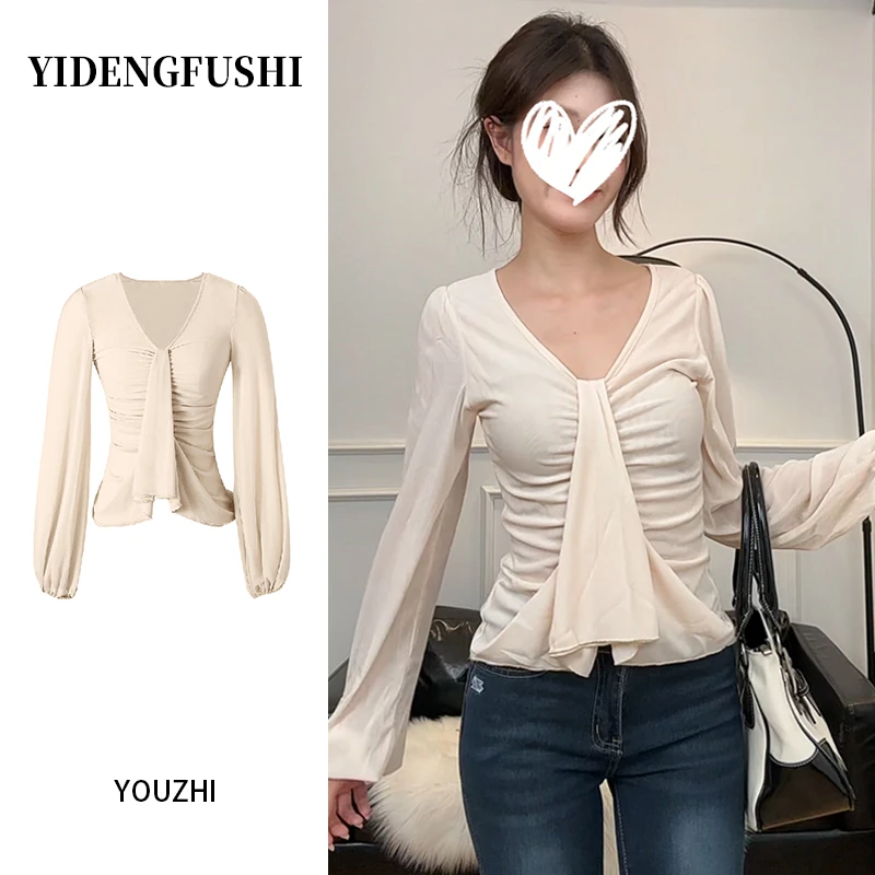 法式温柔风纯欲V领褶皱长袖T恤女2025早秋氛围感修身独特漂亮上衣