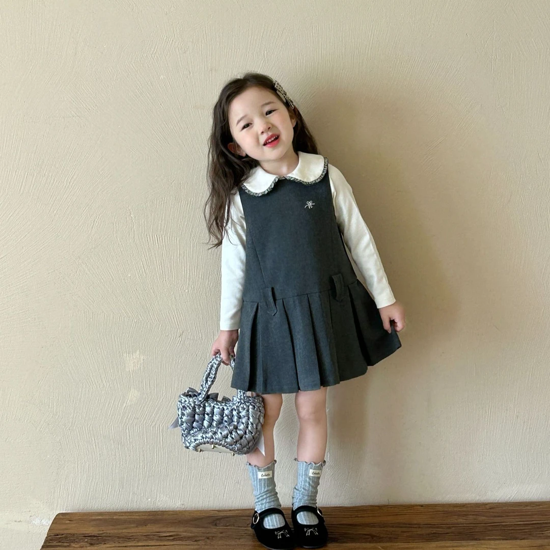 2025秋季女童娃娃领打底衫学院风纯色呢子背心裙百褶裙洋气韩版