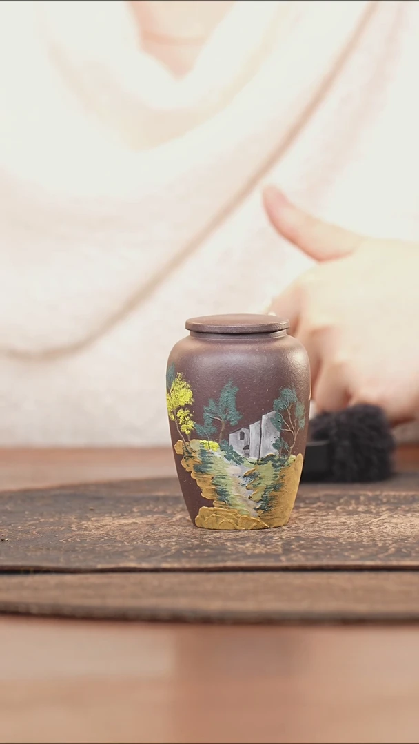 紫砂茶叶罐小罐紫茄泥泥绘山水