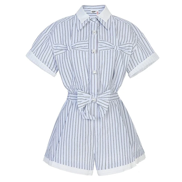 LeFame/拉飞姆2025夏季新款时尚航条纹短款连体裤女LF25X31SL336