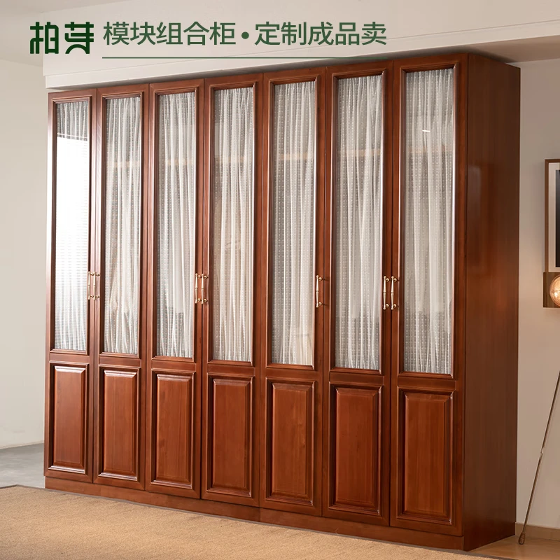 中古风卧室家用实木衣柜对开门法式复古玻璃门现代可定制带纱帘