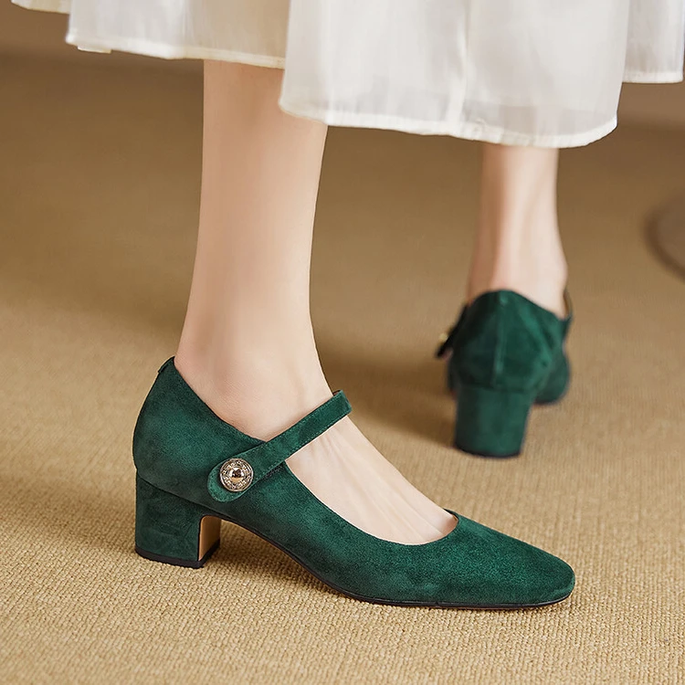 巨好穿！复古中粗跟玛丽珍女鞋浅口一字带绿色单鞋真皮百搭晚宴鞋