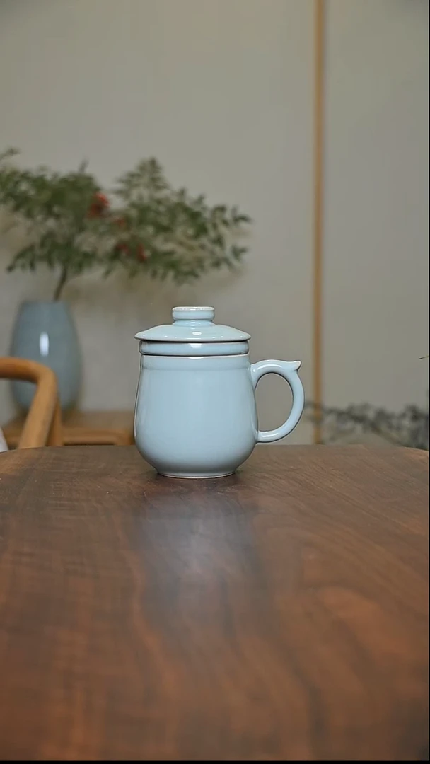 茶水分离杯 天青 微瑕 朱家汝窑款