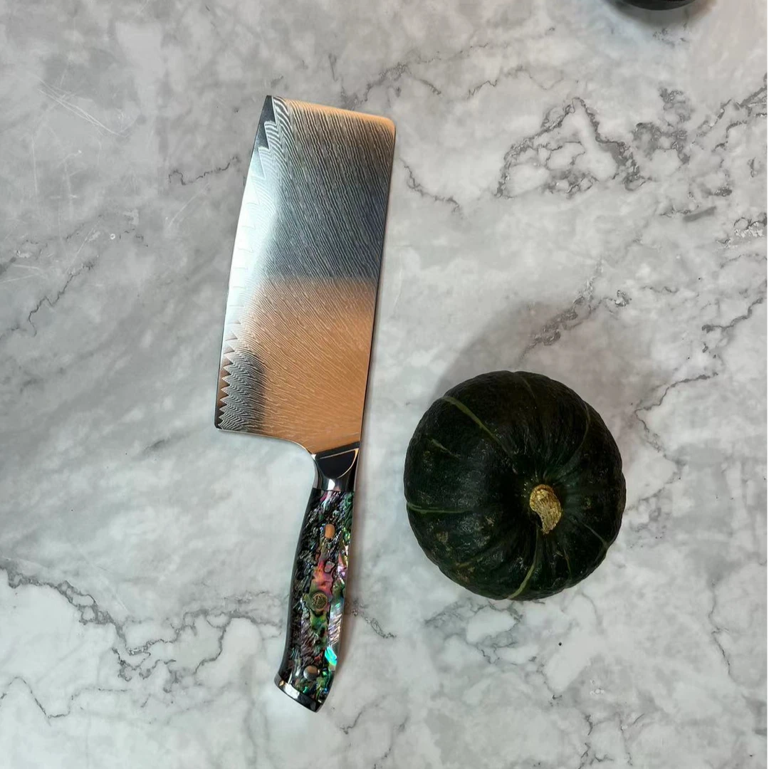 047大马士革钢鲍鱼壳柄切片刀家用锋利切肉刀具厨房厨师专用菜刀