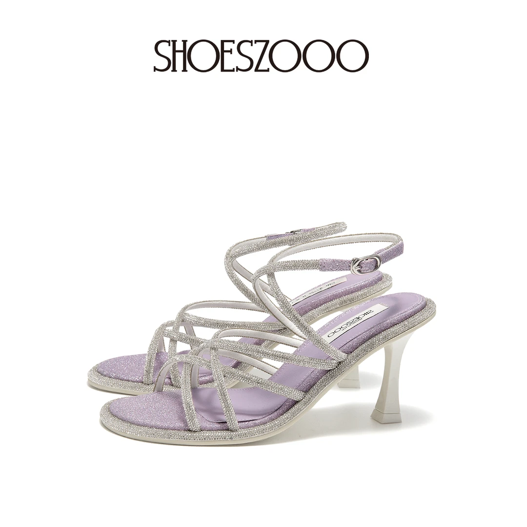 SHOESZOOO时装凉鞋女2025夏季新款露趾水钻一字带细跟外穿凉拖鞋