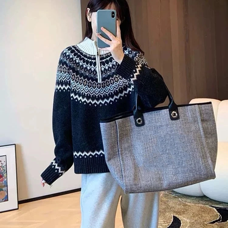 费尔岛提花工艺半拉连加厚立领套头衫女 251