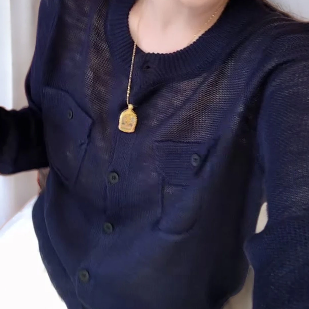 口袋单排扣圆领针织开衫毛衣女韩版秋冬新款宽松洋气百搭显瘦上衣