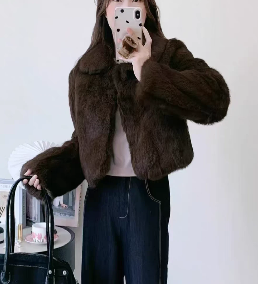《上东老钱原版》保高品质冬季新款全真毛兔毛双色咖大翻领短款外套